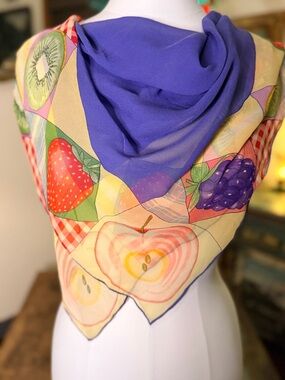 Vintage Echo Fruit Motif Silk Scarf with Purple Center